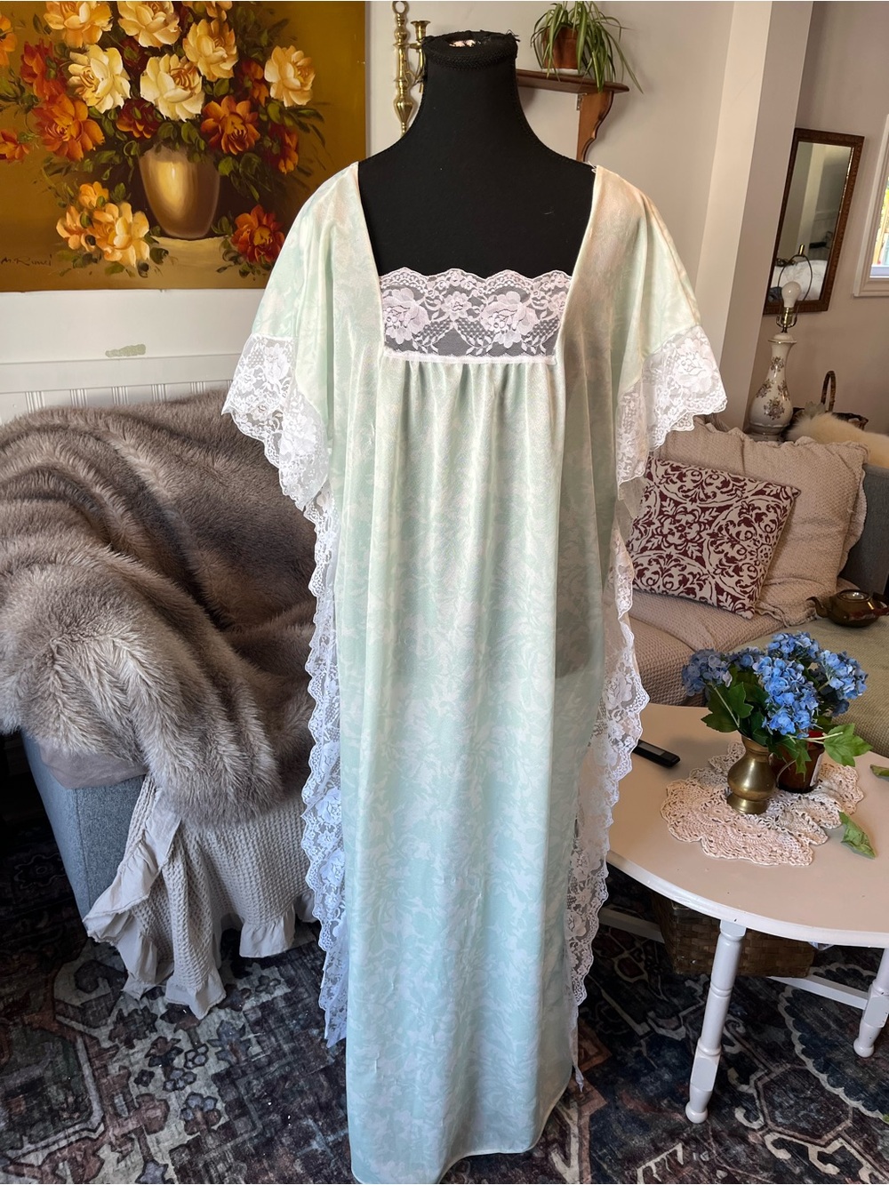 Womens Vintage Light Mint Lace Trim Nightgown  Sleepwear Size XL